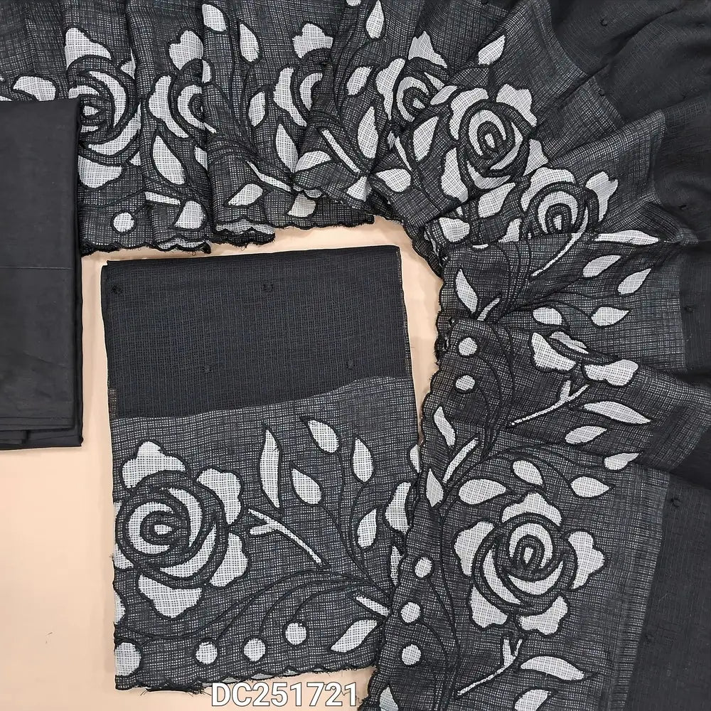 Black fancy kota silk cotton unstitched salwar material (lining needed) applique work on daman, small embroidery work on front, matching silky bottom & lining provided, applique work on kota silk cotton dupatta. DC251721