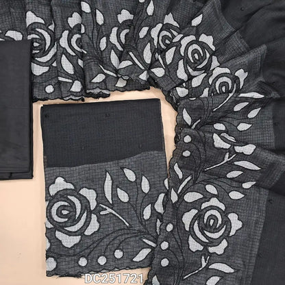 Black fancy kota silk cotton unstitched salwar material (lining needed) applique work on daman, small embroidery work on front, matching silky bottom & lining provided, applique work on kota silk cotton dupatta. DC251721