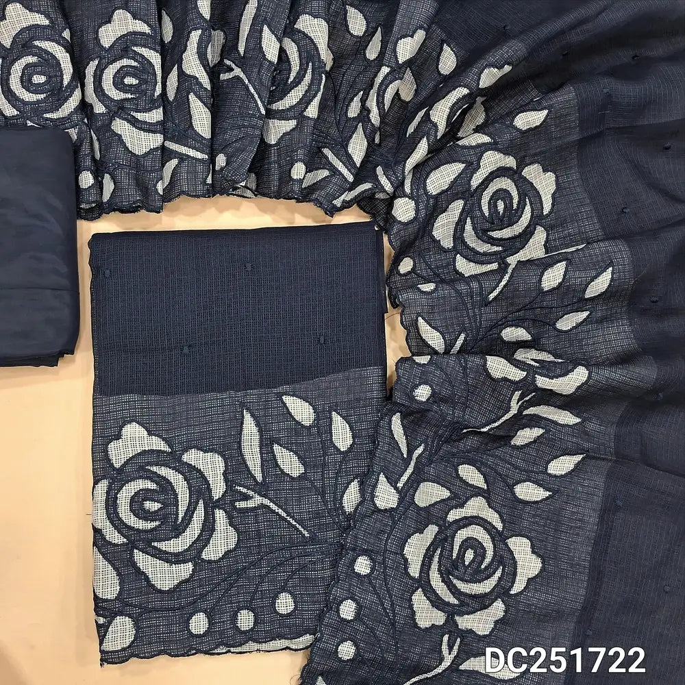 Dark Blue fancy kota silk cotton unstitched salwar material (lining needed) applique work on daman, small embroidery work on front, matching silky bottom & lining provided, applique work on kota silk cotton dupatta. DC251722