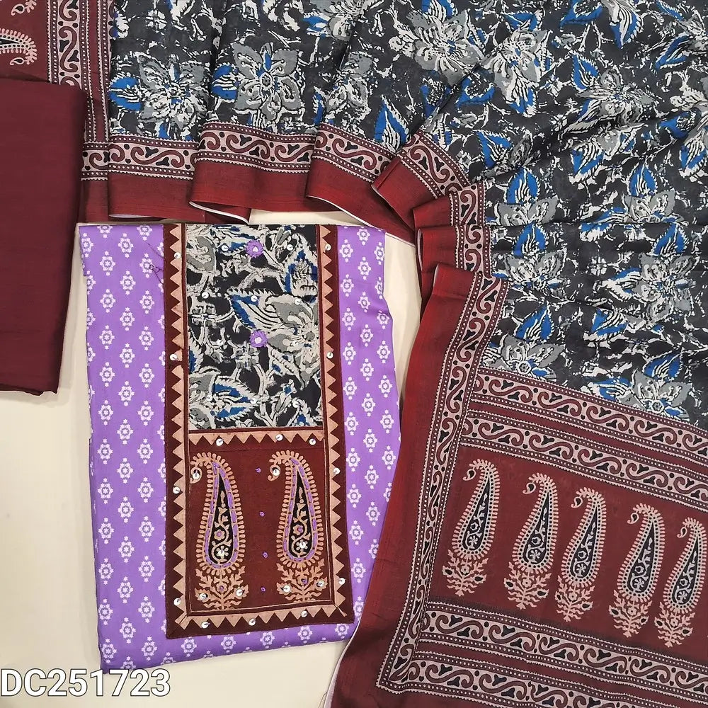 Printed light Lavender satin cotton unstitched salwar material (lining needed) kalamkari, ajrak printed  patch work on yoke, maroon spun cotton bottom, ajrak & kalamkari printed mixed cotton dupatta. DC251723