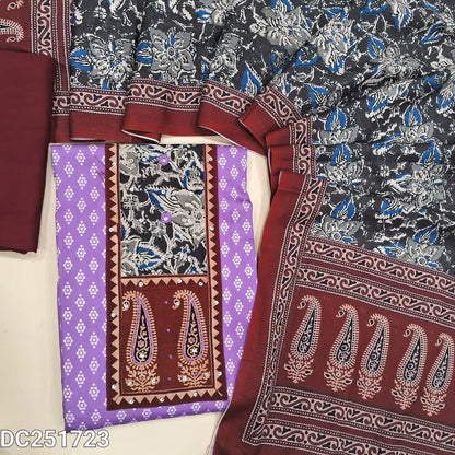 Printed light Lavender satin cotton unstitched salwar material (lining needed) kalamkari, ajrak printed  patch work on yoke, maroon spun cotton bottom, ajrak & kalamkari printed mixed cotton dupatta. DC251723