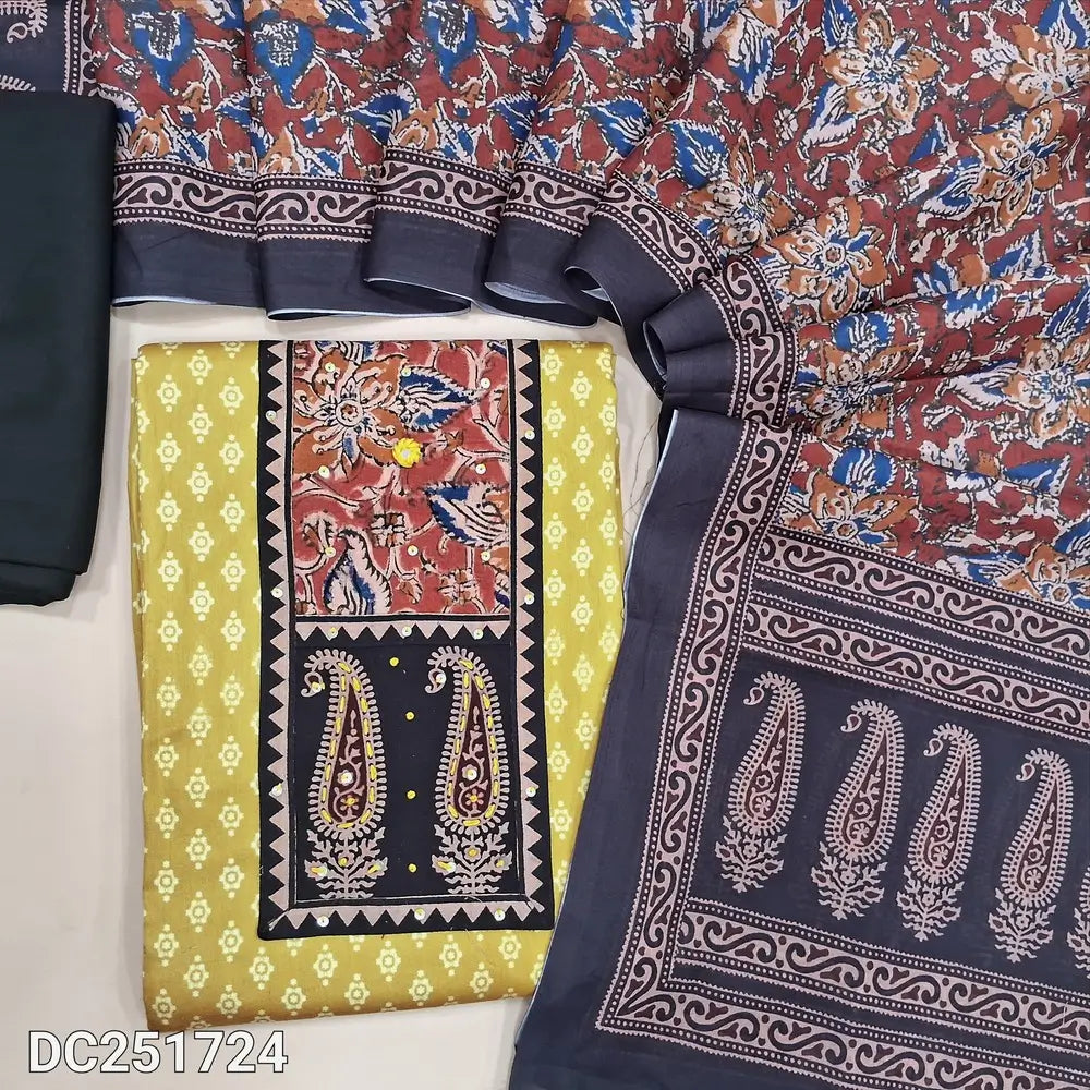 Printed mehandhi Yellow satin cotton unstitched salwar material (lining needed) kalamkari, ajrak printed  patch work on yoke, black spun cotton bottom, ajrak & kalamkari printed mixed cotton dupatta. DC251724