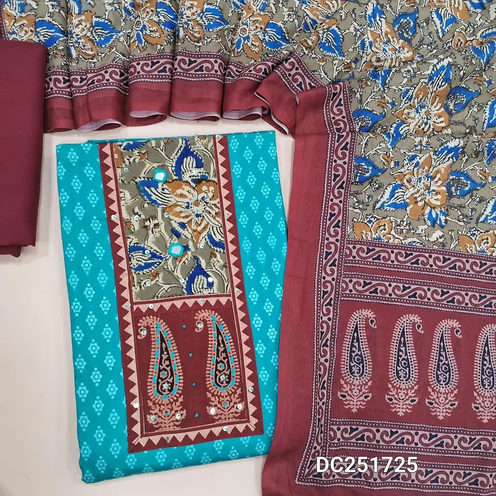 Printed pastel Blue satin cotton unstitched salwar material (lining needed) kalamkari, ajrak printed  patch work on yoke, reddish maroon spun cotton bottom, ajrak & kalamkari printed mixed cotton dupatta. DC251725
