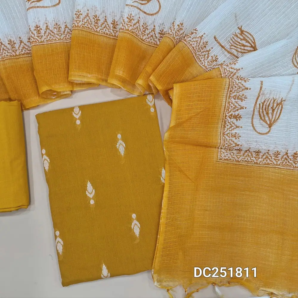 Mehandhi Yellow south handloom cotton unstitched salwar material (lining needed) thread buttas on front, matching cotton bottom, block printed kota silk cotton dupatta. DC251811
