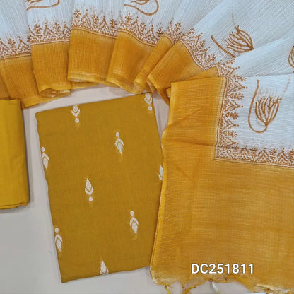 Mehandhi Yellow south handloom cotton unstitched salwar material (lining needed) thread buttas on front, matching cotton bottom, block printed kota silk cotton dupatta. DC251811