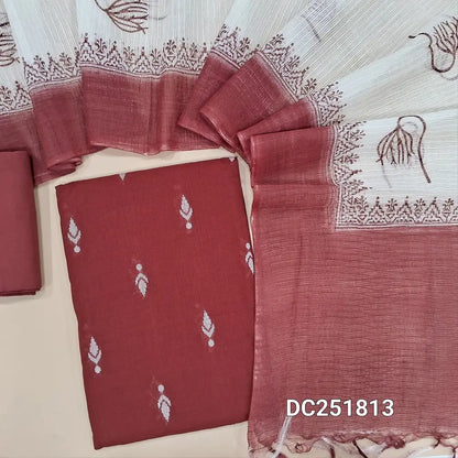 Dark Maroon south handloom cotton unstitched salwar material (lining needed) thread buttas on front, matching cotton bottom, block printed kota silk cotton dupatta. DC251813