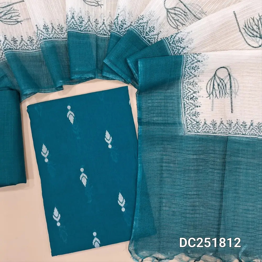 Teal Blue south handloom cotton unstitched salwar material (lining needed) thread buttas on front, matching cotton bottom, block printed kota silk cotton dupatta. DC251812