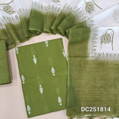 Mossy Green south handloom cotton unstitched salwar material (lining needed) thread buttas on front, matching cotton bottom, block printed kota silk cotton dupatta. DC251814