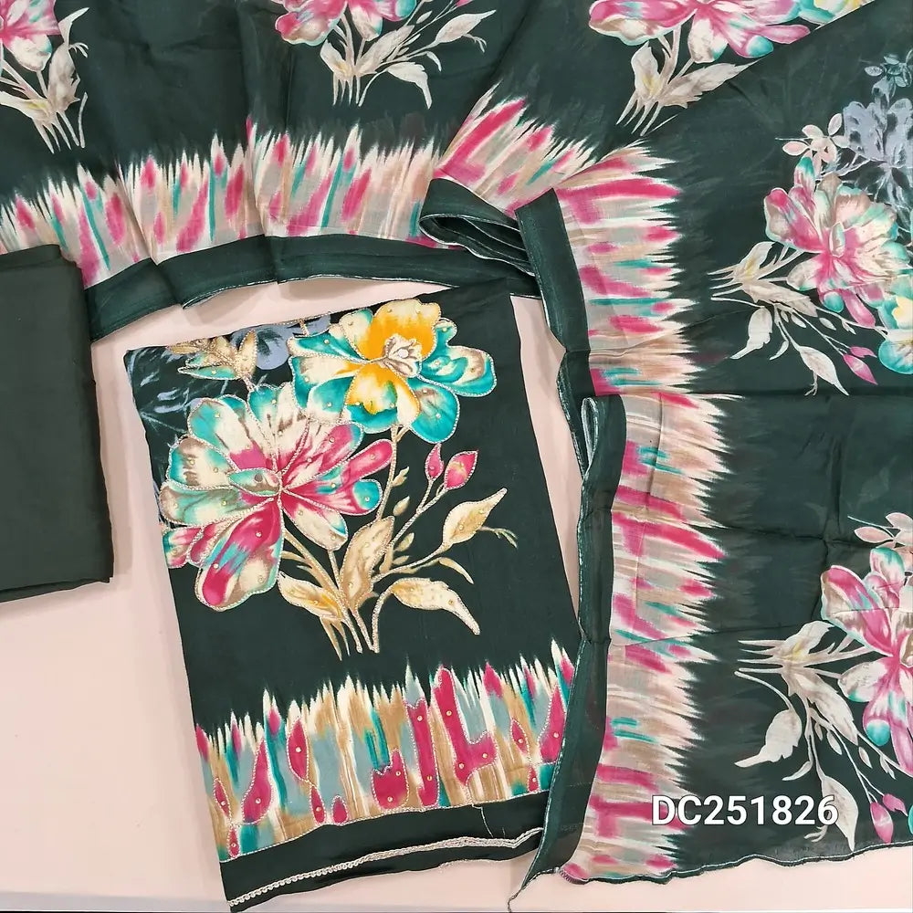 Digital printed dark Green satin cotton unstitched salwar material (lining optional) digital print, zari work on front, matching spun cotton bottom, digital printed mixed cotton dupatta. DC251826