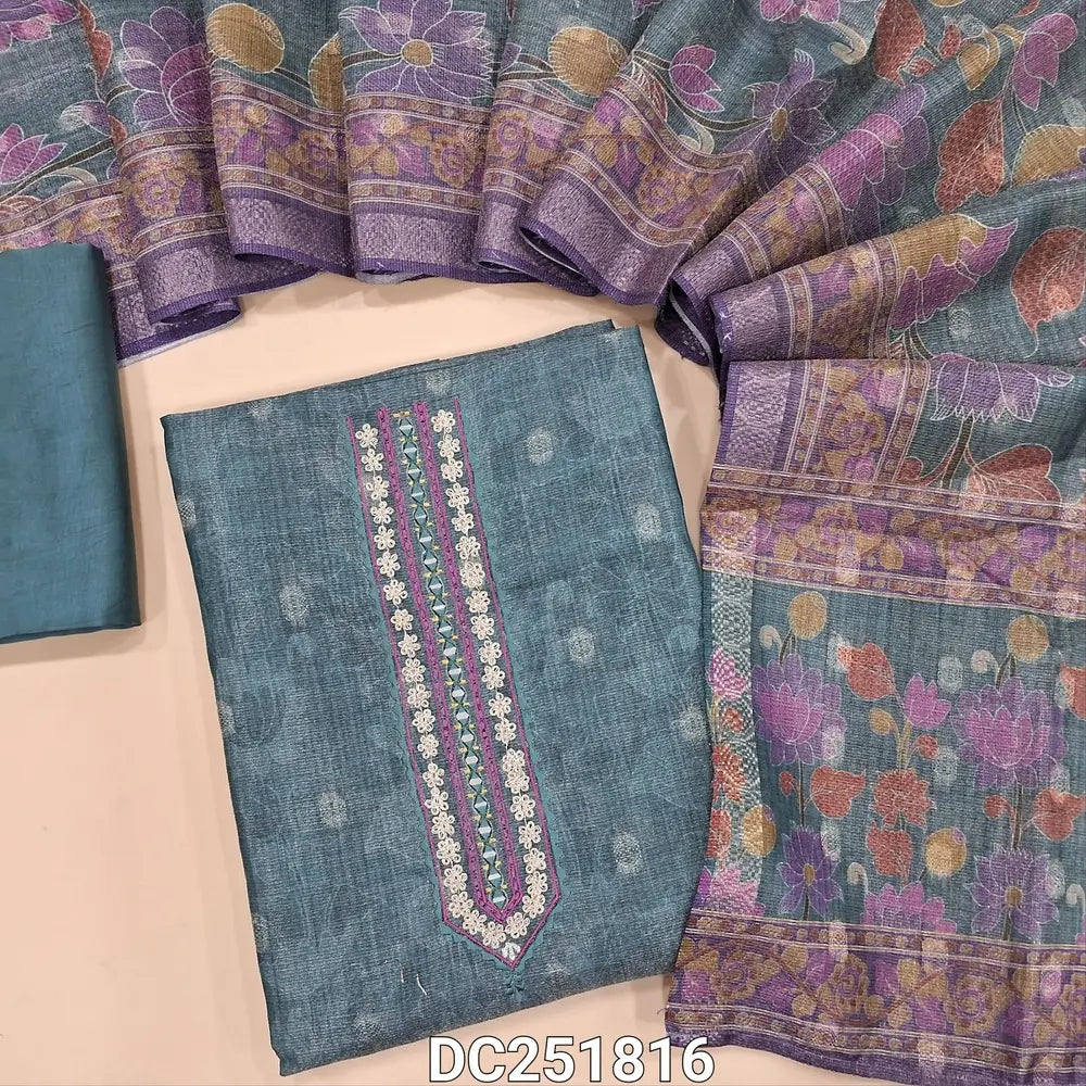 Blueish Grey & golden tint tissue silk cotton unstitched salwar material (lining needed) zari buttas on front, real mirror work on yoke, matching silky bottom, digital printed tissue silk cotton dupatta. DC251816