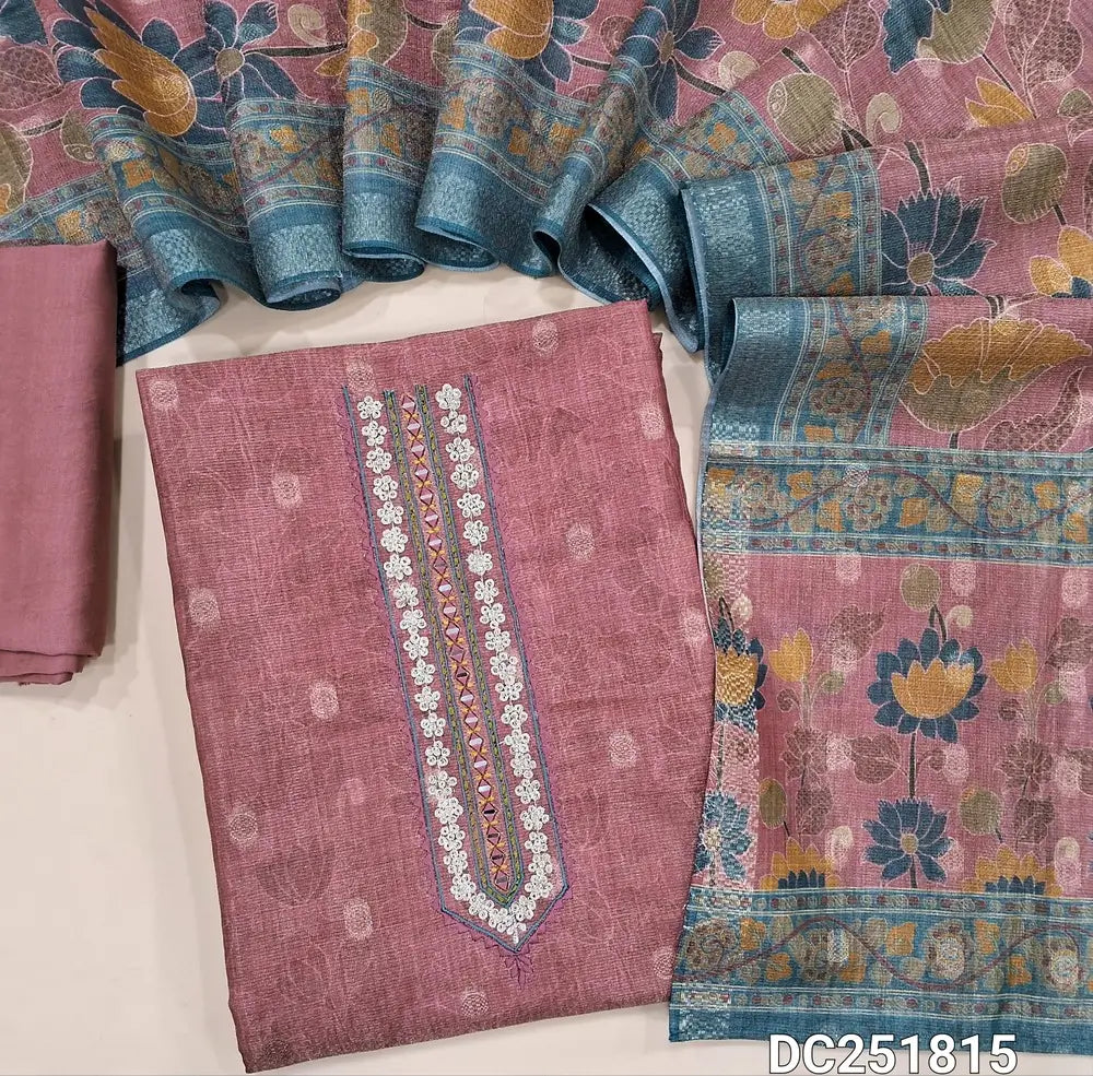 Dark onion Pink& golden tint tissue silk cotton unstitched salwar material (lining needed) zari buttas on front, real mirror work on yoke, matching silky bottom, digital printed tissue silk cotton dupatta. DC251815