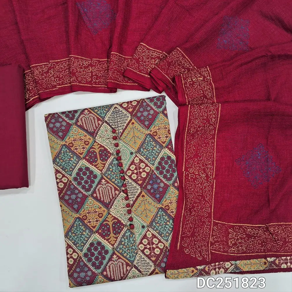 Abstract printed multicolor cotton unstitched salwar material (lining needed) potli buttons on yoke, reddish maroon cotton bottom, printed  fancy kota silk cotton dupatta. DC251823