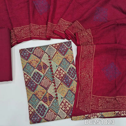 Abstract printed multicolor cotton unstitched salwar material (lining needed) potli buttons on yoke, reddish maroon cotton bottom, printed  fancy kota silk cotton dupatta. DC251823