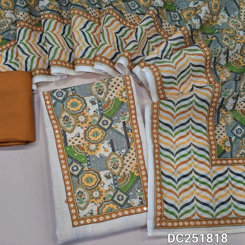 Light Beige soft semi linen unstitched salwar material (lining needed) printed, bead work on yoke, mehandhi yellow spun cotton bottom, printed semi linen dupatta. DC251818