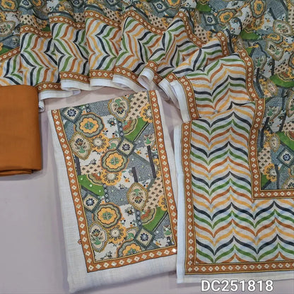 Light Beige soft semi linen unstitched salwar material (lining needed) printed, bead work on yoke, mehandhi yellow spun cotton bottom, printed semi linen dupatta. DC251818