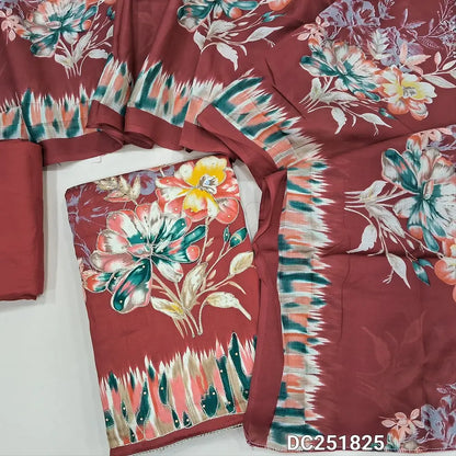 Digital printed dark Maroon satin cotton unstitched salwar material (lining optional) digital print, zari work on front, matching spun cotton bottom, digital printed mixed cotton dupatta. DC251825