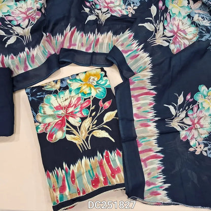 Digital printed dark Blue satin cotton unstitched salwar material (lining optional) digital print, zari work on front, matching spun cotton bottom, digital printed mixed cotton dupatta. DC251827