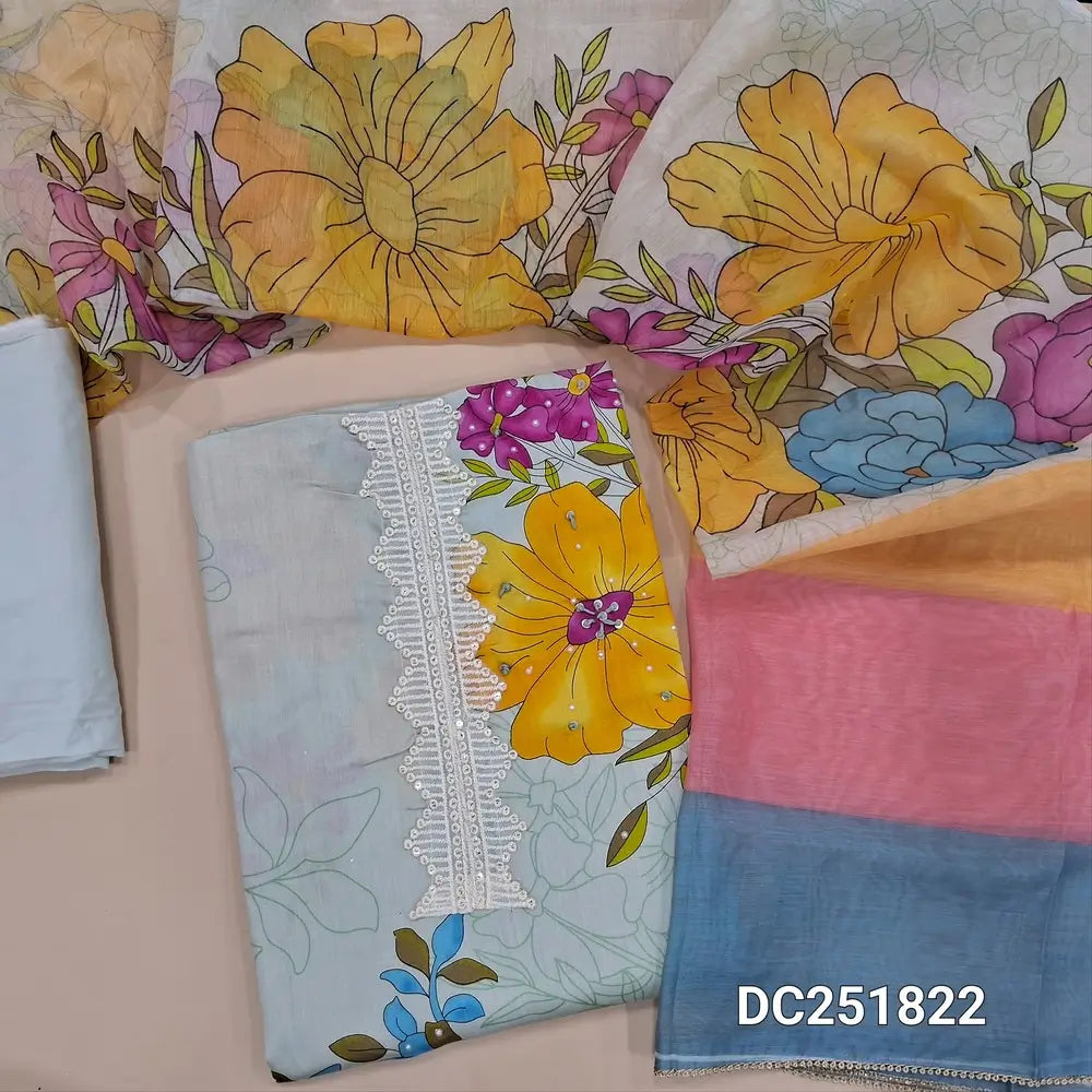 Digital floral printed light Grey soft cotton unstitched salwar material (lining needed) lace work on yoke, matching spun cotton bottom,  digital floral printed silk cotton dupatta. DC251822