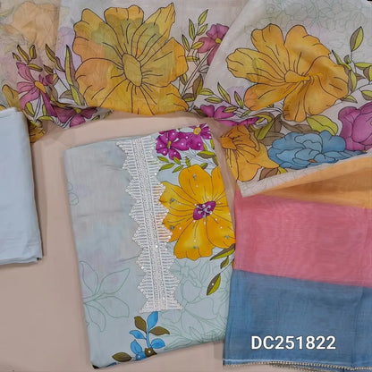 Digital floral printed light Grey soft cotton unstitched salwar material (lining needed) lace work on yoke, matching spun cotton bottom,  digital floral printed silk cotton dupatta. DC251822