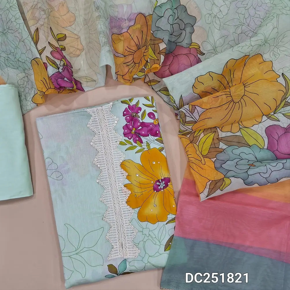 Digital floral printed pastel Blue soft cotton unstitched salwar material (lining needed) lace work on yoke, matching spun cotton bottom, digital floral printed silk cotton dupatta. DC251821