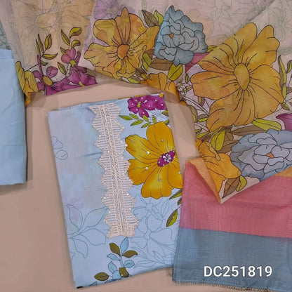 Digital floral printed powder Blue soft cotton unstitched salwar material (lining needed) lace work on yoke, matching spun cotton bottom, digital floral printed silk cotton dupatta. DC251819