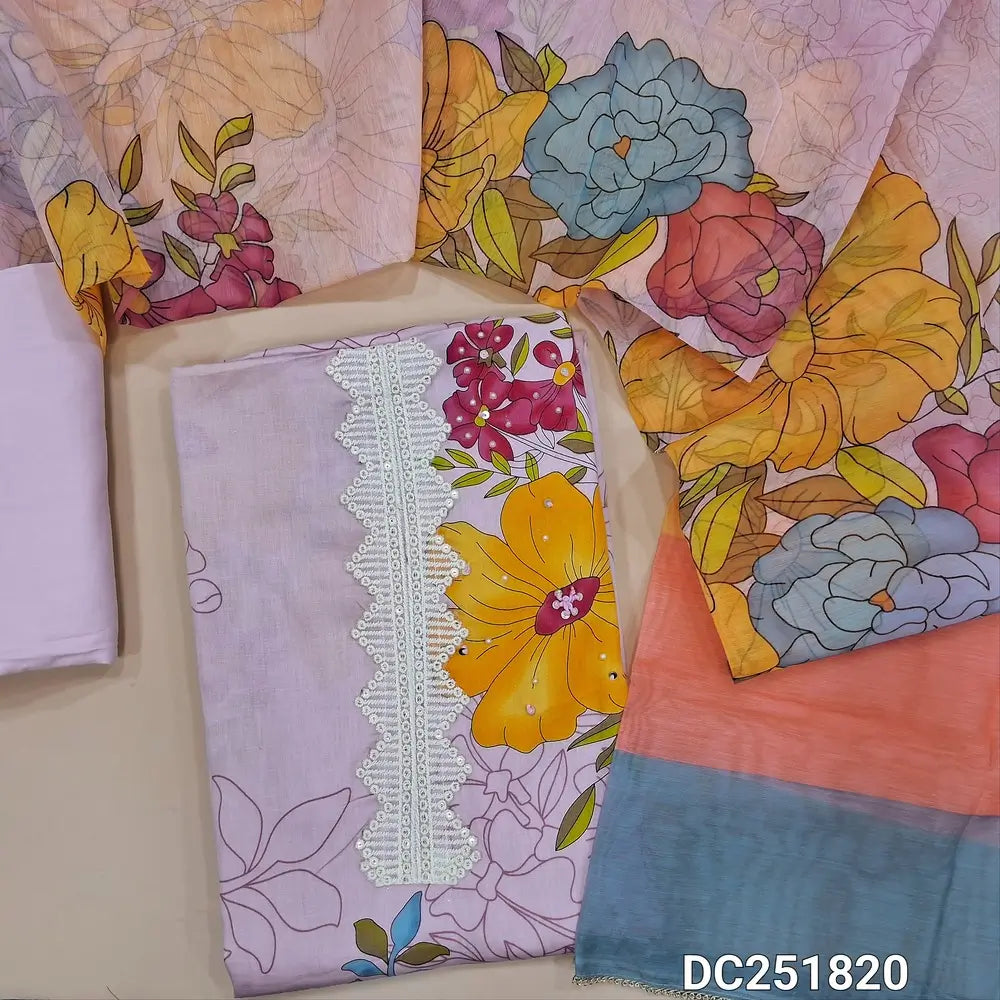 Digital floral printed pastel Pink soft cotton unstitched salwar material (lining needed) lace work on yoke, matching spun cotton bottom, digital floral printed silk cotton dupatta. DC251820