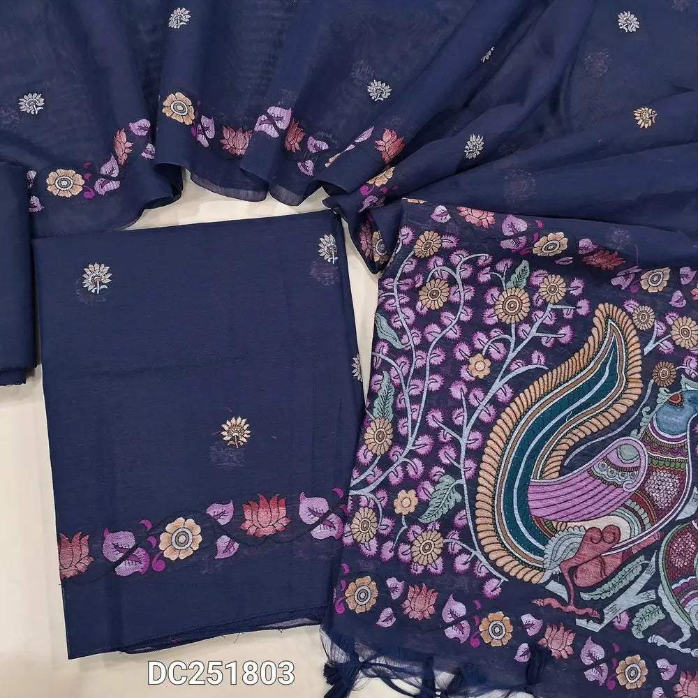 Designer dark Blue jamdani woven muga silk cotton unstitched salwar material (lining needed) jamdani woven on front, matching silk cotton bottom, jamdani woven muga silk cotton dupatta with tassels. DC251803