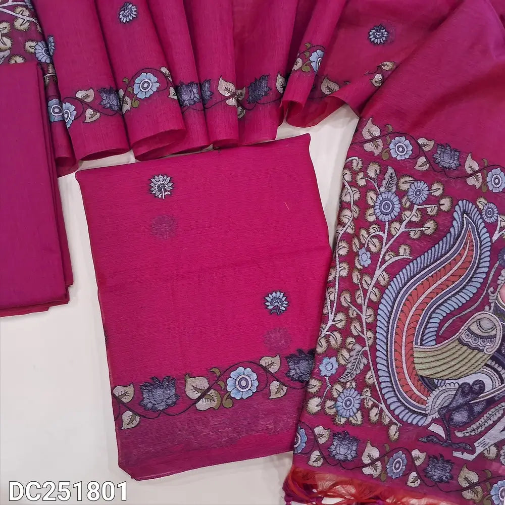 Designer Pink jamdani woven muga silk cotton unstitched salwar material (lining needed) jamdani woven on front, matching silk cotton bottom, jamdani woven muga silk cotton dupatta with tassels. DC251801