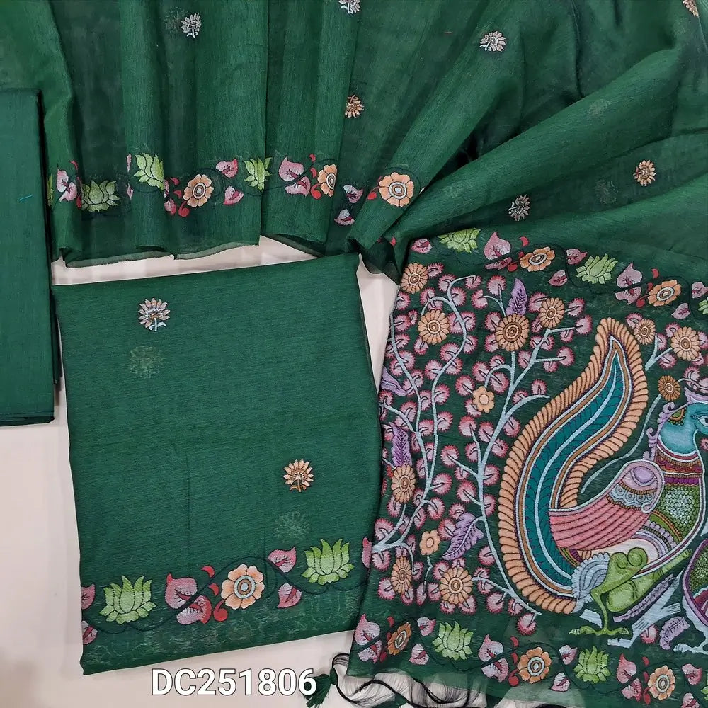Designer Bottle Green jamdani woven muga silk cotton unstitched salwar material (lining needed) jamdani woven on front, matching silk cotton bottom, jamdani woven muga silk cotton dupatta with tassels. DC251806