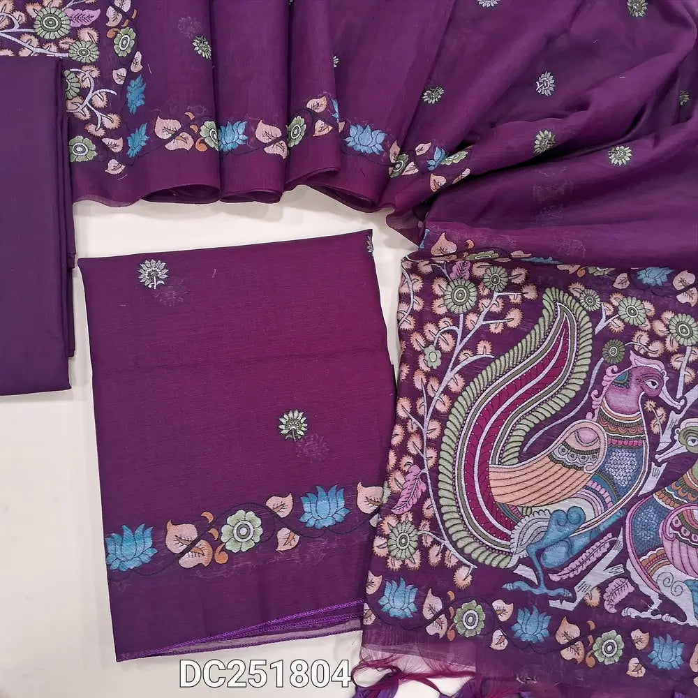 Designer dark Purple jamdani woven muga silk cotton unstitched salwar material (lining needed) jamdani woven on front, matching silk cotton bottom, jamdani woven muga silk cotton dupatta with tassels. DC251804