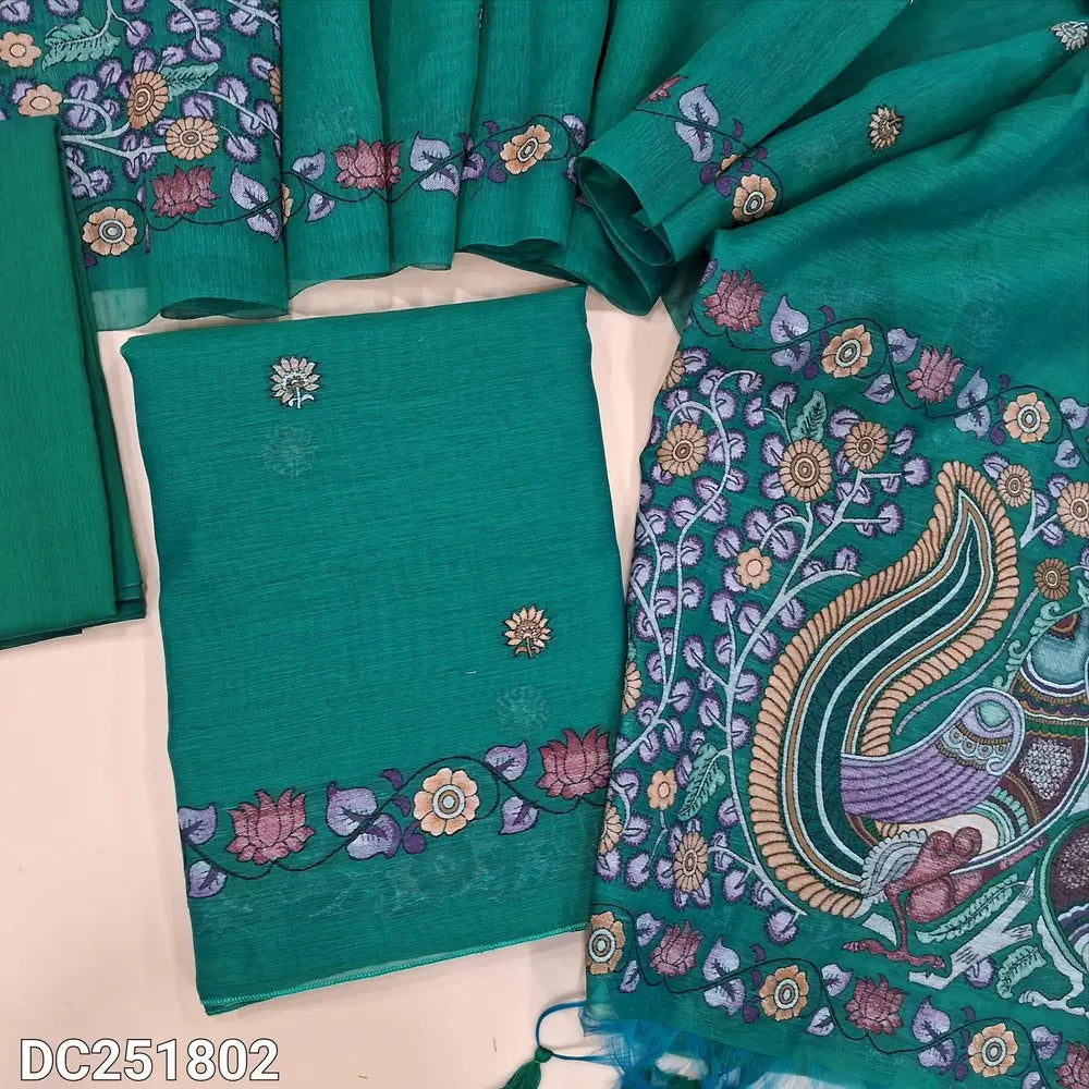 Designer turquoise Green jamdani woven muga silk cotton unstitched salwar material (lining needed) jamdani woven on front, matching silk cotton bottom, jamdani woven muga silk cotton dupatta with tassels. DC251802