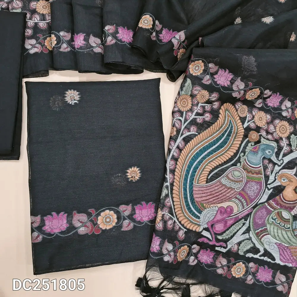 Designer Black jamdani woven muga silk cotton unstitched salwar material (lining needed) jamdani woven on front, matching silk cotton bottom, jamdani woven muga silk cotton dupatta with tassels. DC251805