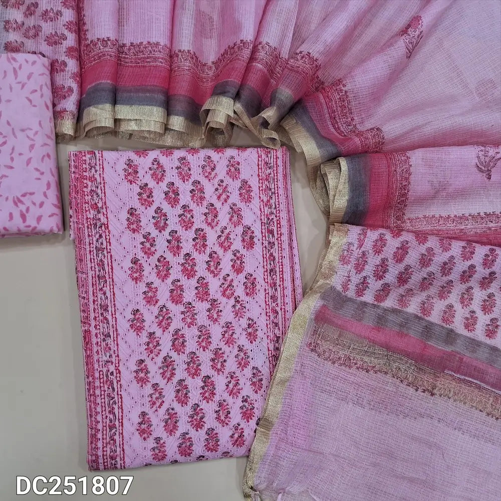 Pastel Pink block printed chikankari embroidered mul cotton unstitched salwar material, panel pattern on front(lining needed)block printed cotton bottom, block printed kota cotton dupatta with gold tissue border. DC251807