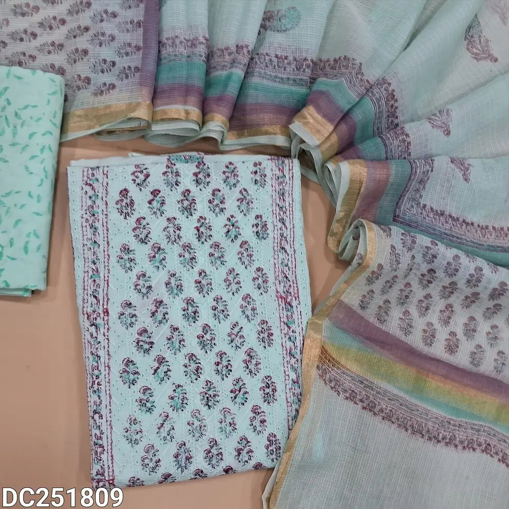 Pastel Blue block printed chikankari embroidered mul cotton unstitched salwar material, panel pattern on front(lining needed)block printed cotton bottom, block printed kota cotton dupatta with gold tissue border. DC251809