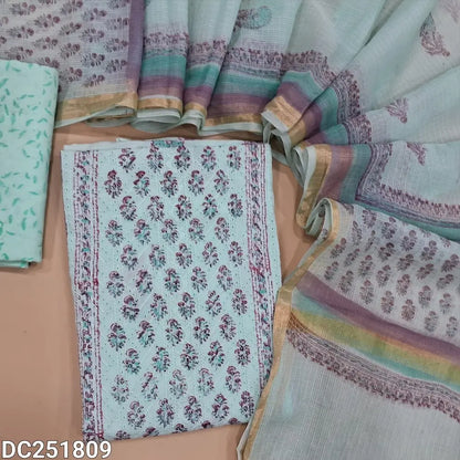 Pastel Blue block printed chikankari embroidered mul cotton unstitched salwar material, panel pattern on front(lining needed)block printed cotton bottom, block printed kota cotton dupatta with gold tissue border. DC251809