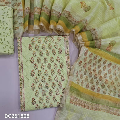 Pastel Green block printed chikankari embroidered mul cotton unstitched salwar material, panel pattern on front(lining needed)block printed cotton bottom, block printed kota cotton dupatta with gold tissue border. DC251808