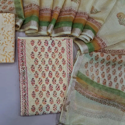 Pastel Yellow block printed chikankari embroidered mul cotton unstitched salwar material, panel pattern on front(lining needed)block printed cotton bottom, block printed kota cotton dupatta with gold tissue border. DC251810