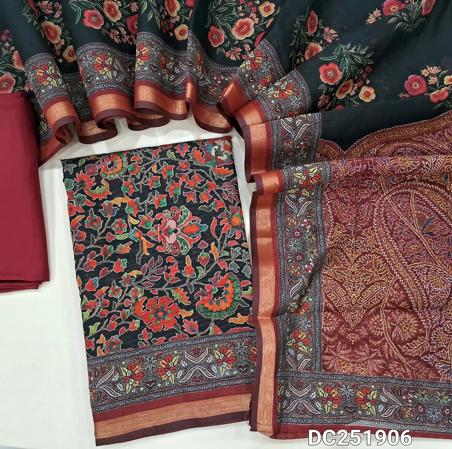 Digital printed Black premium silk cotton unstitched salwar material (lining needed) colorful floral print allover, maroon spun cotton bottom,  digital floral printed silk cotton full length dupatta. DC251906