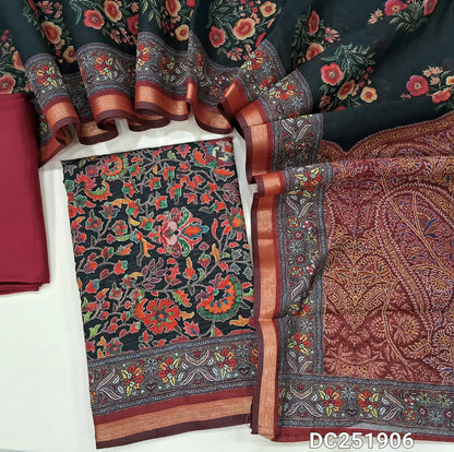 Digital printed Black premium silk cotton unstitched salwar material (lining needed) colorful floral print allover, maroon spun cotton bottom,  digital floral printed silk cotton full length dupatta. DC251906