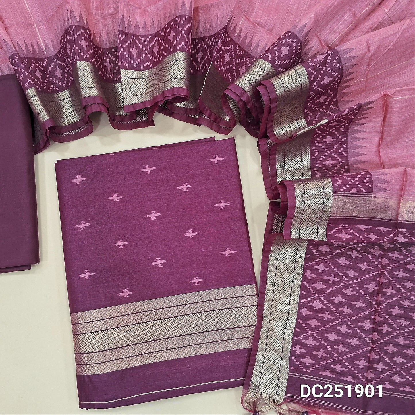 Designer beetoot Purple  premium silk cotton unstitched salwar material (lining needed) ikat weaving buttas allover, zari daman, matching silk cotton bottom, zari checks, ikat woven buttas on dual shade silk cotton full length dupatta. DC251901