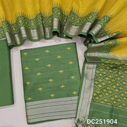 Designer olive Green premium silk cotton unstitched salwar material (lining needed) ikkat weaving buttas allover, zari daman, matching silk cotton bottom, zari checks, ikat woven buttas on dual shade silk cotton full length dupatta. DC251904