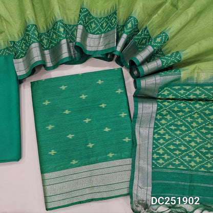 Designer turquoise Green premium silk cotton unstitched salwar material (lining needed) ikkat weaving buttas allover, zari daman, matching silk cotton bottom, zari checks, ikat woven buttas on dual shade silk cotton full length dupatta. DC251902