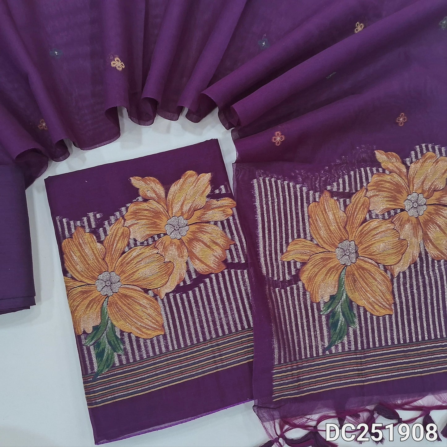 Beetroot Purple jamdani premium silk cotton unstitched salwar material (lining needed) heavy jamdani woven on daman, matching silk cotton bottom, jamdani woven premium silk cotton full length dupatta with tassels. DC251908