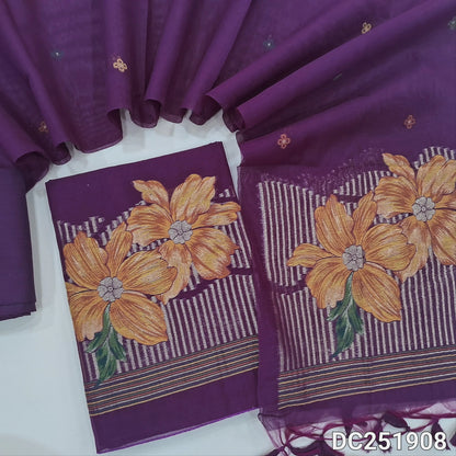 Beetroot Purple jamdani premium silk cotton unstitched salwar material (lining needed) heavy jamdani woven on daman, matching silk cotton bottom, jamdani woven premium silk cotton full length dupatta with tassels. DC251908