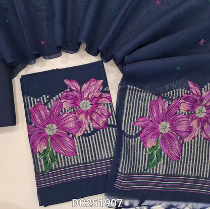 Dark Blue jamdani premium silk cotton unstitched salwar material (lining needed) heavy jamdani woven on daman, matching silk cotton bottom, jamdani woven premium silk cotton full length dupatta with tassels. DC251907