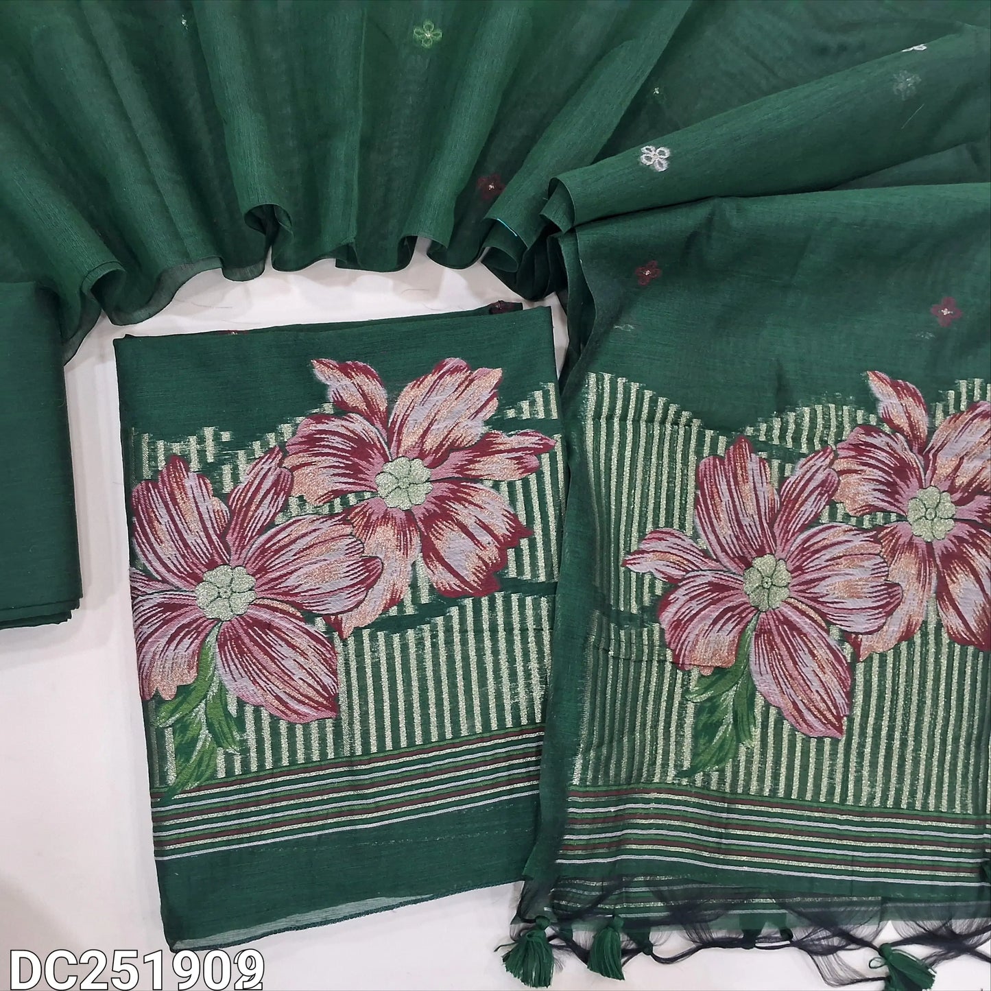 Bottle Green jamdani premium silk cotton unstitched salwar material (lining needed) heavy jamdani woven on daman, matching silk cotton bottom, jamdani woven premium silk cotton full length dupatta with tassels. DC251909