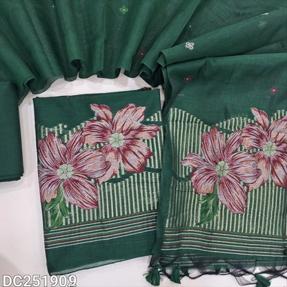 Bottle Green jamdani premium silk cotton unstitched salwar material (lining needed) heavy jamdani woven on daman, matching silk cotton bottom, jamdani woven premium silk cotton full length dupatta with tassels. DC251909