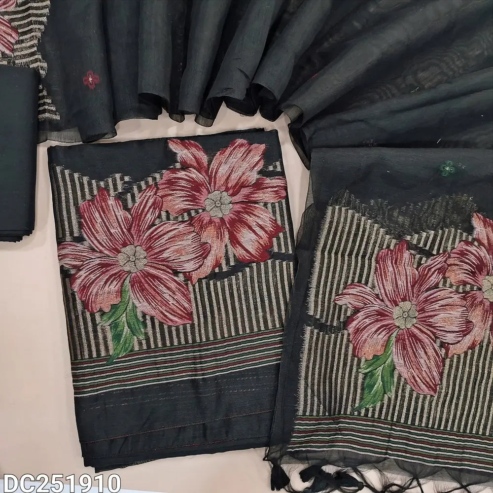 Black jamdani premium silk cotton unstitched salwar material (lining needed) heavy jamdani woven on daman, matching silk cotton bottom, jamdani woven premium silk cotton full length dupatta with tassels. DC251910