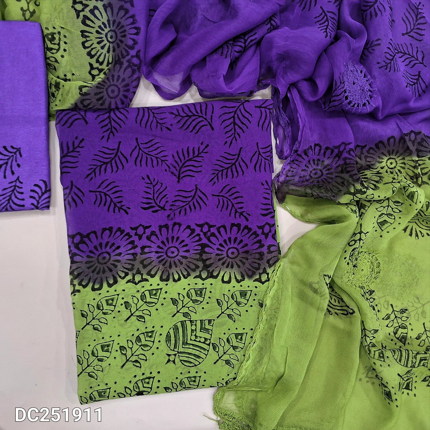 Light Green & violet crepe georgette unstitched salwar material (lining needed) hand block printed allover, santoon bottom, crochet work on dual shade chiffon dupatta (TAPING NEEDED). DC251911 (over lapping of prints not consider as a defect
