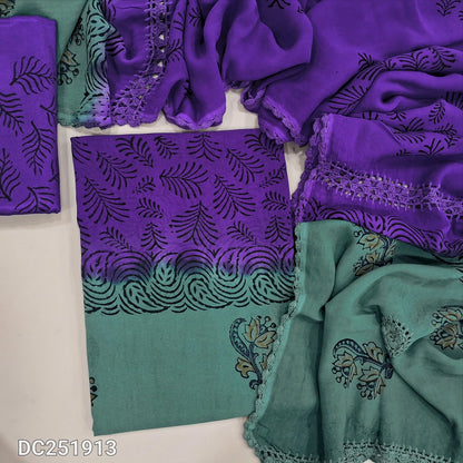 Blueish grey & violet crepe georgette unstitched salwar material (lining needed) hand block printed allover, santoon bottom, crochet work on dual shade chiffon dupatta (TAPING NEEDED). DC251913 (over lapping of prints not consider as a defect